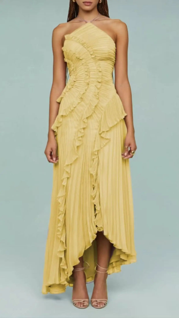 Slim fit backless sleeveless yellow pleated halter dress with ruffle details and ankle-length hem