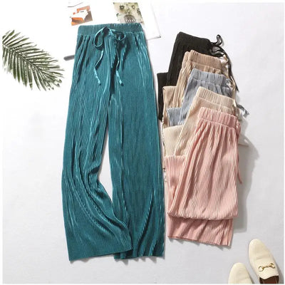 Silk Trousers Elastic Waist Loose Casual Pants