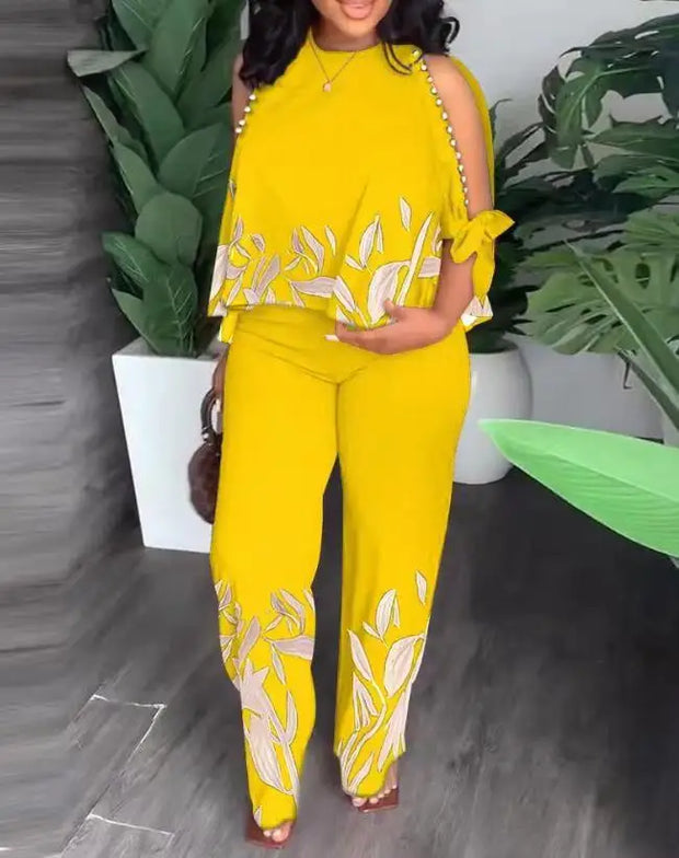 Two Piece Sets Neck Hollow Sleeves Top & Wide Leg Trousers Suit