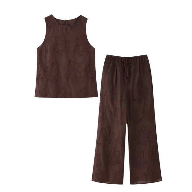 Neck Sleeveless Slim Top+Elastic Waist Drawstring Loose Long Pants