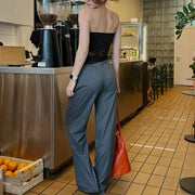 Women Striped Grey Black Pants Woman High Waist Baggy Suit Pants