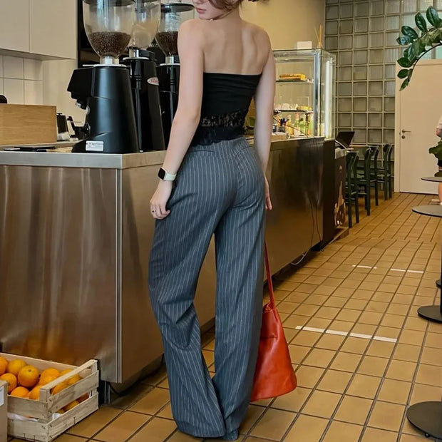Women Striped Grey Black Pants Woman High Waist Baggy Suit Pants