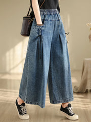 Wide Leg Denim Pants Elastic Waist Loose Casual Ankle Length Trouser
