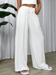 Solid White 25 Spring Summer Drawstring Waist Wide Leg Pants