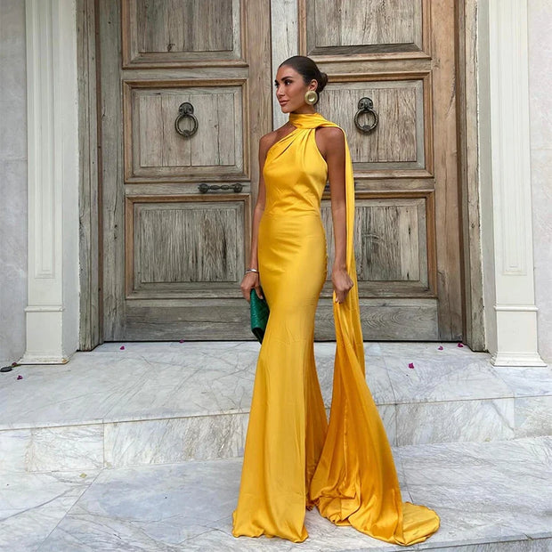 yellow halter backless off shoulder sleeveless gown with ankle-length silhouette