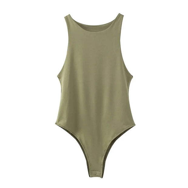 Green slim fit women's sleeveless casual bodysuit made of polyester and cotton blend.
