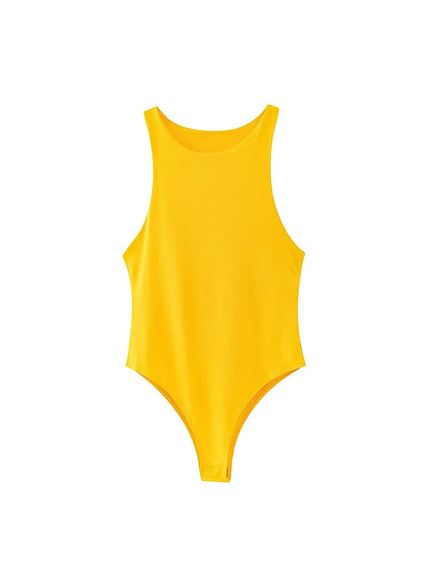 Yellow slim fit sleeveless women bodysuit in solid color for casual summer wear