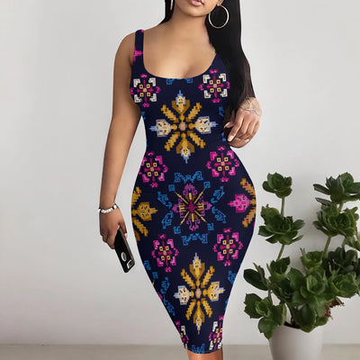 Neck Geometric Ethnic Print Fitted Party Cocktail Club Night Out Dress