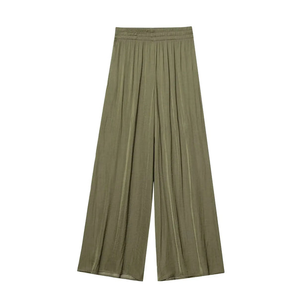 Solid Color Folded Chic Female Elastic High Waist Wide Leg Trousers