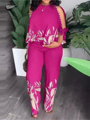 Two Piece Sets Neck Hollow Sleeves Top & Wide Leg Trousers Suit