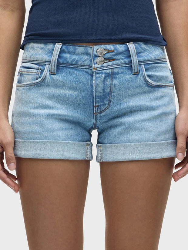 Blue Shorts Stretch Jeans Button Placket Flap Back Pockets