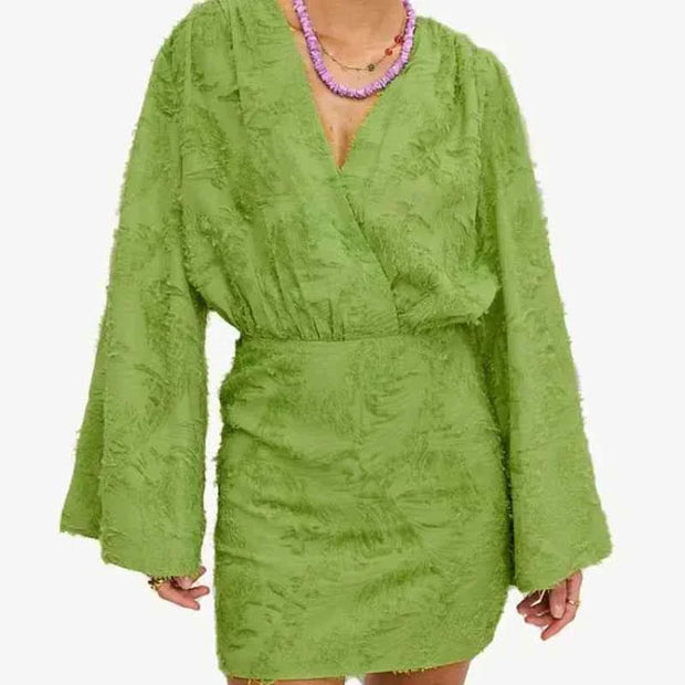 Chic fashion female green long sleeve V-neck bodycon mini dress with textured jacquard fabric for autumn winter streetwear