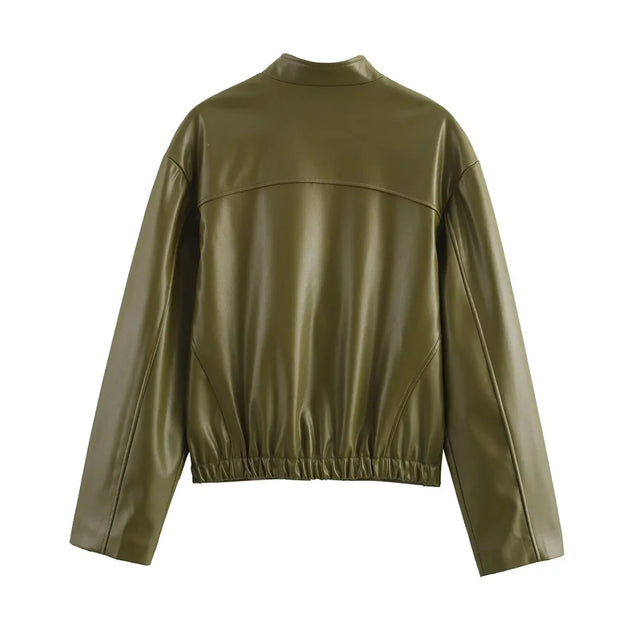 New Winter Imitation Leather Cropped Jacket for Women Casual Chic Ladies Clothes