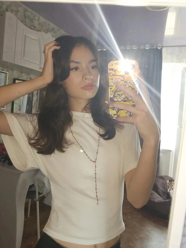 casual solid white short sleeve O-neck knit cotton polyester tee for women summer fashion