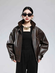 Hard Distressed Brown Pu Leather Jacket Women Zipper Retro Clothes