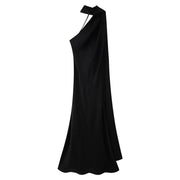 Women's sexy backless off-shoulder sleeveless black knee-length dress with high stretch polyester fabric