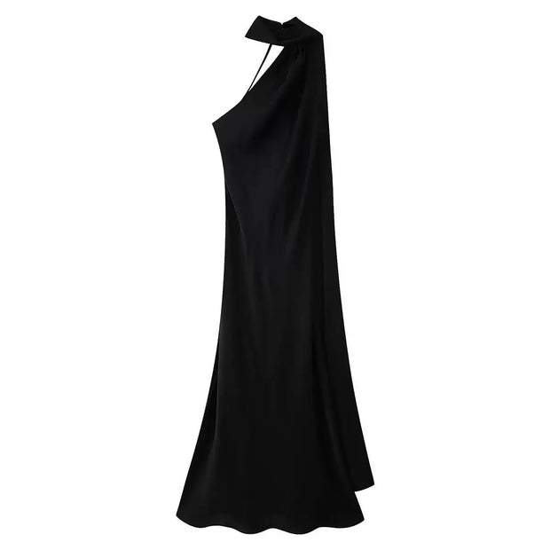 Women's sexy backless off-shoulder sleeveless black knee-length dress with high stretch polyester fabric