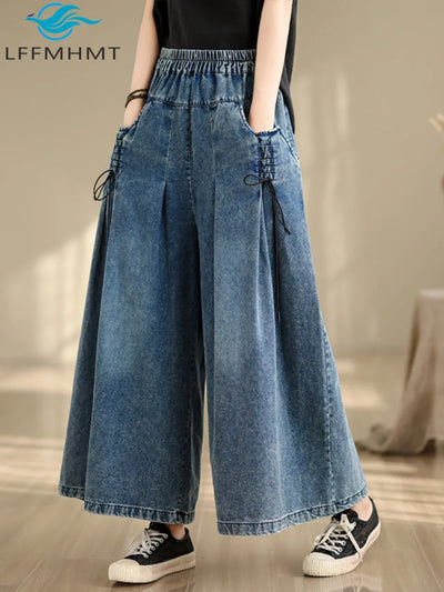 Wide Leg Denim Pants Elastic Waist Loose Casual Ankle Length Trouser
