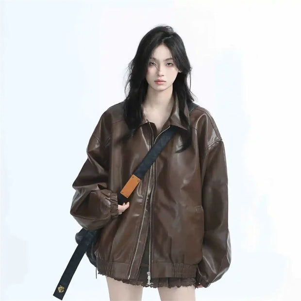 Retro ladies fashion brown faux leather zipper jacket with turn-down collar and long sleeves