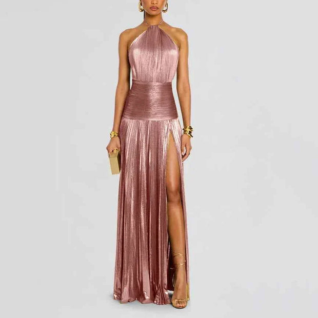 Sleeveless backless halter neck maxi evening dress with side slit in metallic rose gold polyester blend fabric