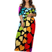 Printed Short Sleeve Long Dress Sexy Off Shoulder Cocktail Party Dress ﻿