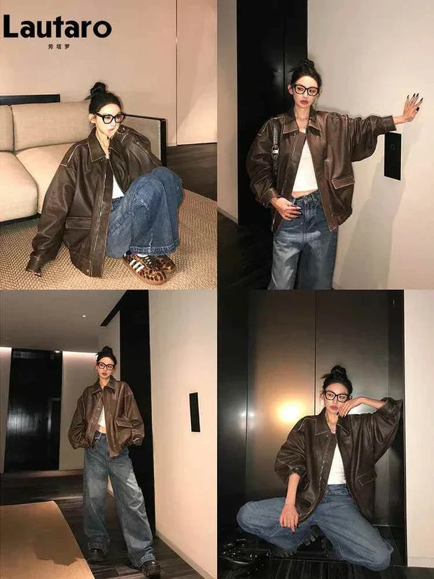 women's soft faux leather brown zipper jacket vintage style with turn-down collar and drop-shoulder sleeves in casual and runway fashion looks