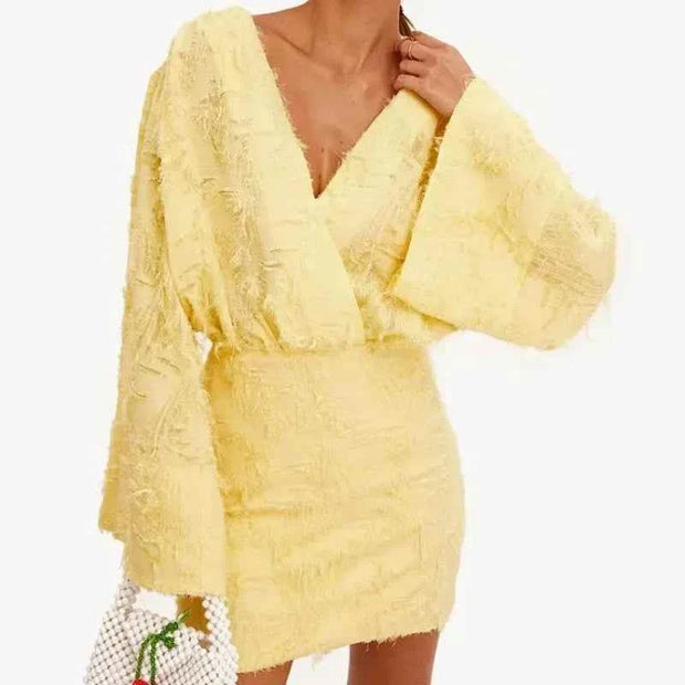 chic fashion female yellow long sleeve v neck bodycon mini dress with textured fabric