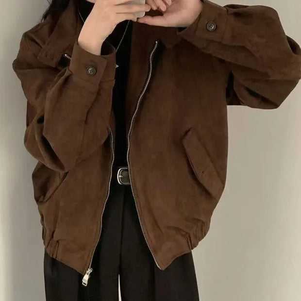 American retro brown faux suede women's zip-up short jacket with lapel collar and long sleeves
