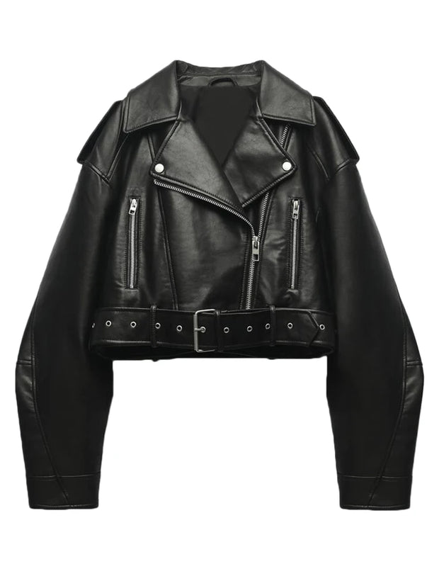 Casual Lady Lapel Zipper Short Leather Jacket High Street Motorcycle Coat