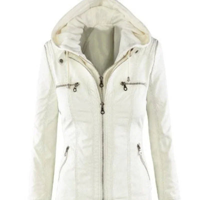 white faux leather jacket for women with hood and zipper pockets winter outerwear