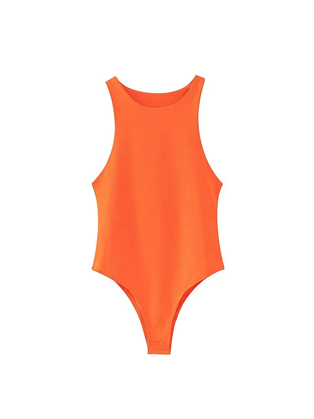 Orange slim fit women's sleeveless bodysuit with high stretch fabric for casual summer wear