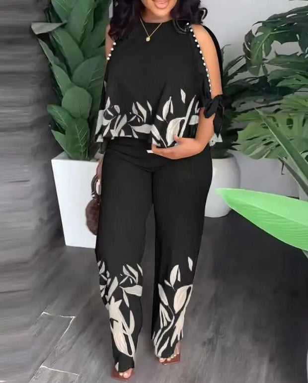 Two Piece Sets Neck Hollow Sleeves Top & Wide Leg Trousers Suit