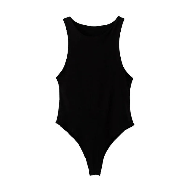 Black slim fit women's sleeveless bodysuit made of high-stretch polyester and cotton blend for casual and clubwear
