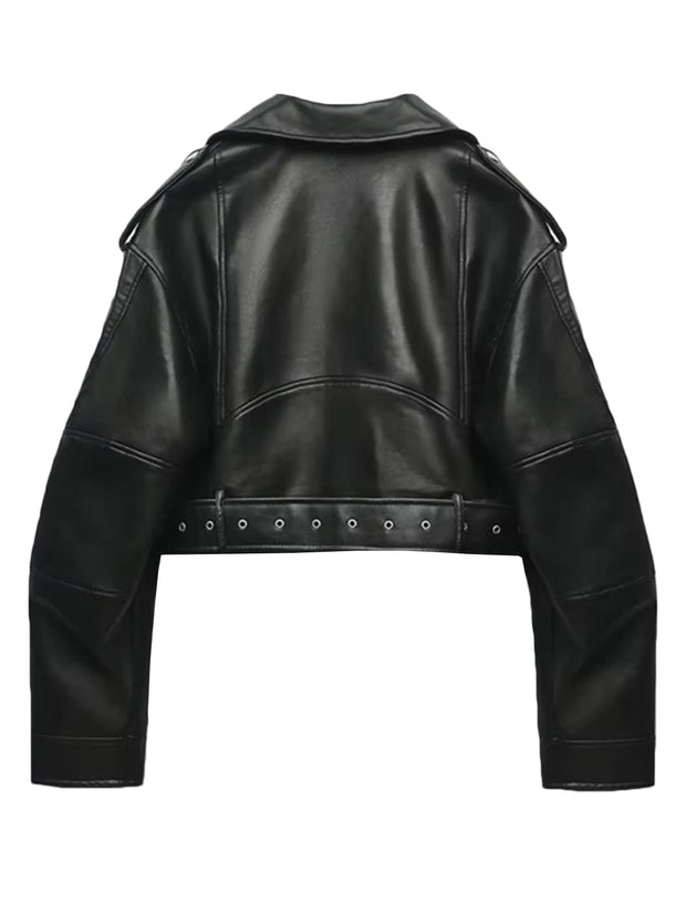 Casual Lady Lapel Zipper Short Leather Jacket High Street Motorcycle Coat