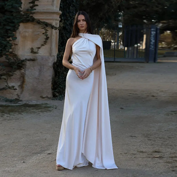 Elegant halter backless off shoulder sleeveless solid white ankle-length dress with diagonal collar and slight stretch polyester fabric