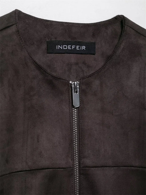 Suede Effect Jacket Spring and Autumn Crew Neck Street Vintage Women's Top