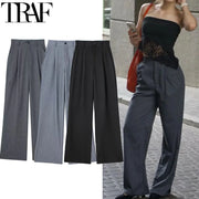 Women Striped Grey Black Pants Woman High Waist Baggy Suit Pants