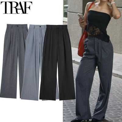 Women Striped Grey Black Pants Woman High Waist Baggy Suit Pants