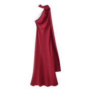 Women's sexy backless off-shoulder sleeveless red knee-length dress with high stretch polyester fabric and slim fit silhouette