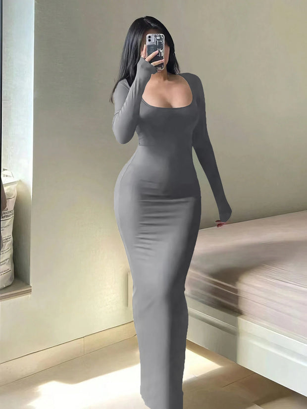 Basic Minimalist Causual Fashion Scoop Neck Long Dress, Womenswear