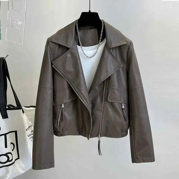 Brown Moto Biker Leather Coats Casual jacket Streetwear Zipper PU Outwear