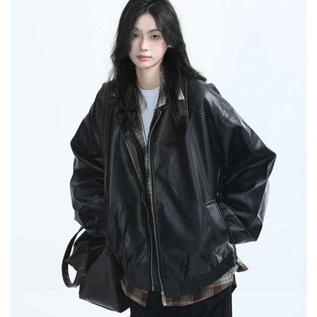 Leather Jacket Spring Autumn Women Long Sleeves Leather Coat