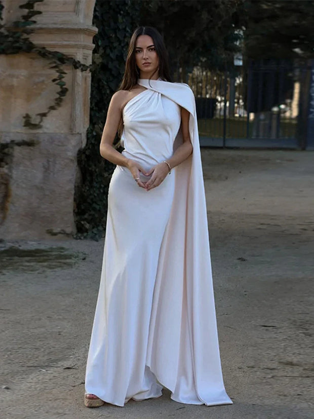 elegant halter backless off shoulder sleeveless women's ankle-length solid white sheath gown