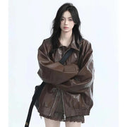 Leather Jacket Spring Autumn Women Long Sleeves Leather Coat