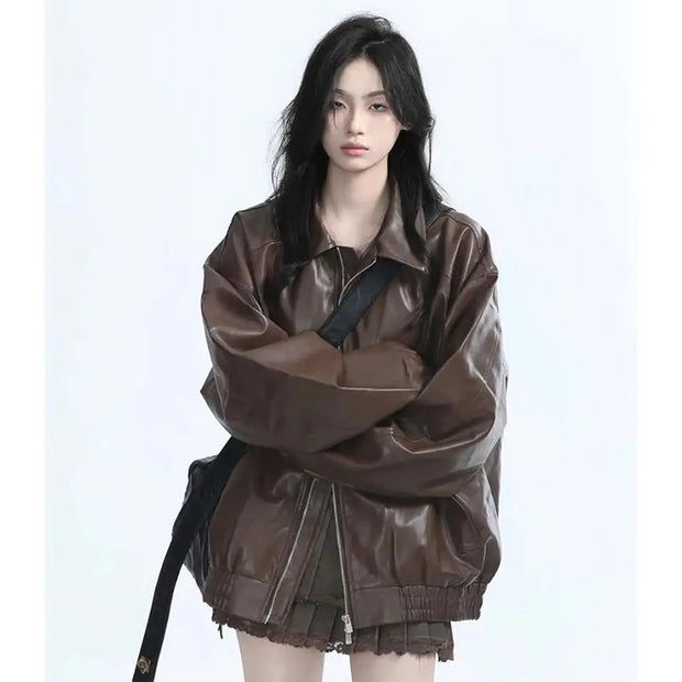 Leather Jacket Spring Autumn Women Long Sleeves Leather Coat