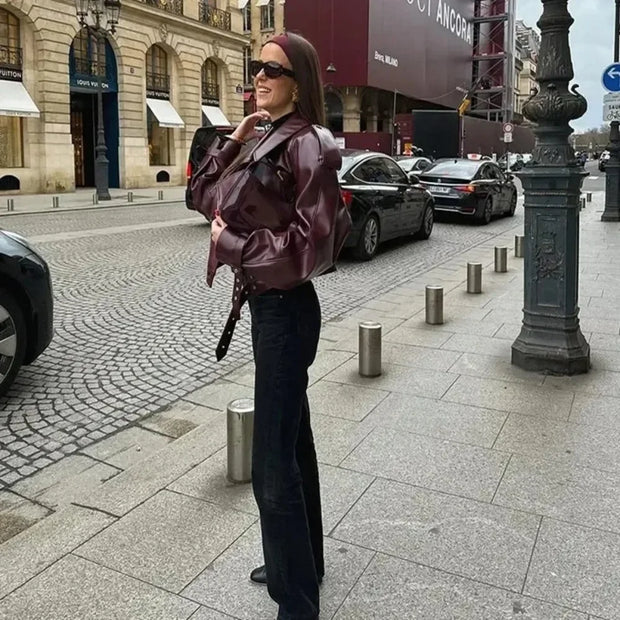 Women Long Sleeved Zipper Pu Jackets Eco-friendly Lady Streetwears