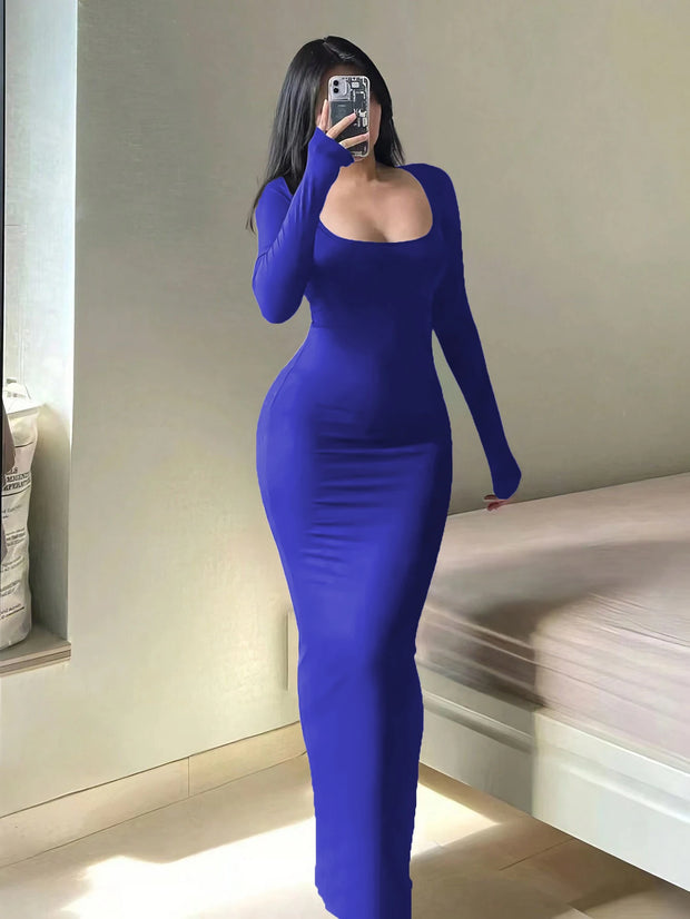 Basic Minimalist Causual Fashion Scoop Neck Long Dress, Womenswear