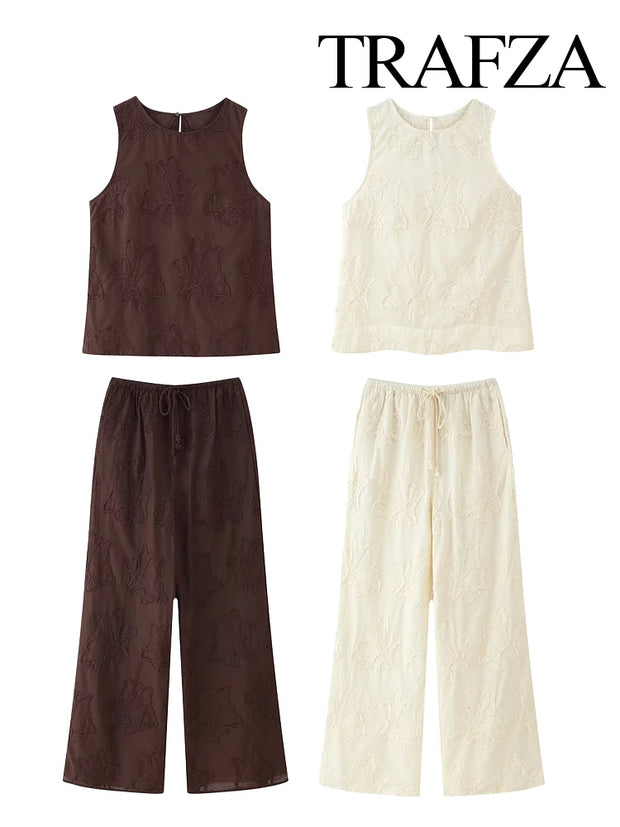 Neck Sleeveless Slim Top+Elastic Waist Drawstring Loose Long Pants