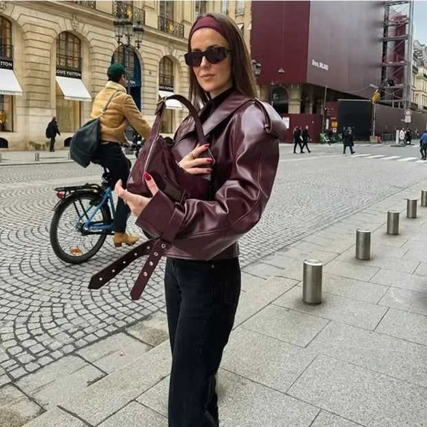 Women Long Sleeved Zipper Pu Jackets Eco-friendly Lady Streetwears