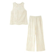 Neck Sleeveless Slim Top+Elastic Waist Drawstring Loose Long Pants